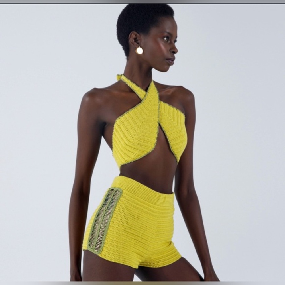 NWT My Beachy Side Rosemary Knitted Halter Crop Top & Shorts Set Moss XS-S